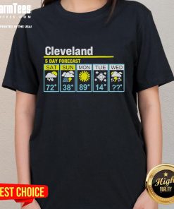 Funny Cleveland 5-Day Forecast Ladies Tee featuring humorous weather graphics and vibrant colors for stylish comfort.