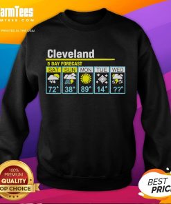 Funny Cleveland 5-Day Forecast Sweatshirt featuring humorous weather predictions for Cleveland's unpredictable climate.