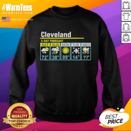 Funny Cleveland 5-Day Forecast Sweatshirt featuring humorous weather predictions for Cleveland's unpredictable climate.