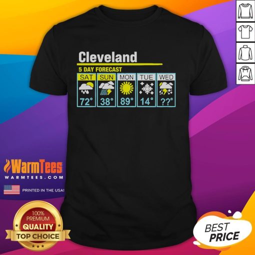 Funny Cleveland 5 Day Forecast T-Shirt featuring humorous weather graphics and playful text for Cleveland fans.