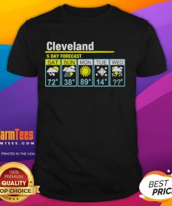 Funny Cleveland 5 Day Forecast T-Shirt featuring humorous weather graphics and playful text for Cleveland fans.