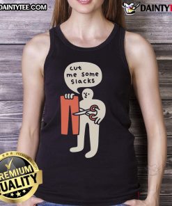 Woman wearing a 'Funny Cut Me Some Slacks' cute tank top, smiling and posing outdoors in casual style.