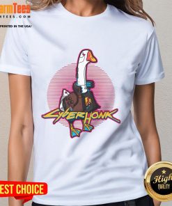 Alt Text: Funny Cyberhonk Silly Goose Cyberpunk Ladies Tee featuring vibrant graphics and a playful design for trendy outfits.