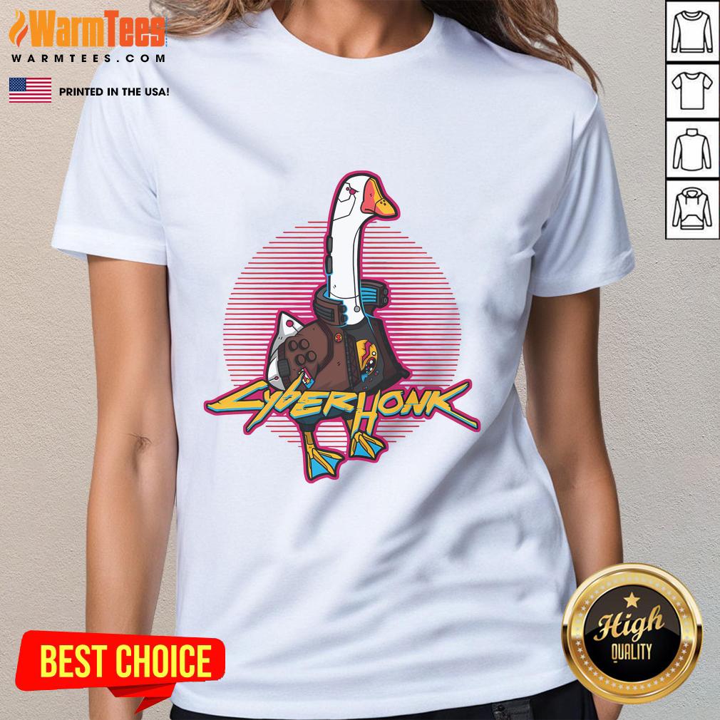 Funny Cyberhonk Silly Goose Cyberpunk Ladies Tee Alt Text: Funny Cyberhonk Silly Goose Cyberpunk Ladies Tee featuring vibrant graphics and a playful design for trendy outfits.