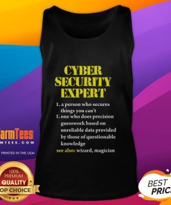 Funny cybersecurity definition graphic on a tank top worn by a computer engineer, showcasing humor in tech fashion.