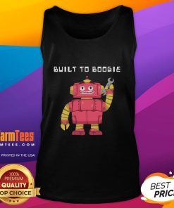 Funny dancing robot wearing a tank top, showcasing its boogie moves on a colorful dance floor. Perfect for fun-loving fans!