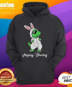 Alt Text: Cute dinosaur in a funny Easter bunny costume, wearing a colorful dinosaur hoodie for a playful spring look.