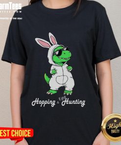 Funny dinosaur in cute Easter bunny rabbit costume on ladies tee, perfect for festive spring celebrations.