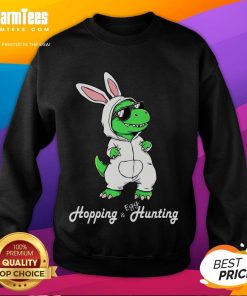 Alt Text: Funny dino in cute Easter bunny rabbit costume on sweatshirt, perfect for festive celebrations and dinosaur lovers.