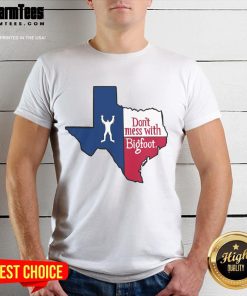 Funny Don't Mess With Bigfoot Texas Map T-Shirt featuring a playful Bigfoot graphic on a Texas map design.