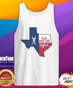 Funny 'Don't Mess With Bigfoot' Texas map tank top featuring a playful Bigfoot graphic and vibrant colors.