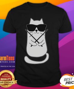 Funny drummer cat drumming on a t-shirt, perfect for drum lovers and drum players who appreciate quirky designs.