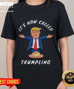 Funny dumpling graphic tee featuring a cartoon Donald Trump, humorously dubbed 'Trumpling' for ladies.