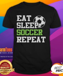 Funny Eat Sleep Soccer Repeat T-Shirt design featuring a soccer player graphic, perfect for soccer enthusiasts.