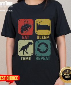 Funny Eat Sleep Tame Repeat Dinosaur Gaming Tee for ladies, perfect for gamers who love dinosaurs and humor.