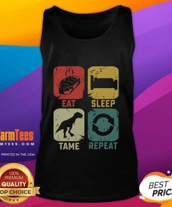 Funny eat, sleep, tame, repeat dinosaur gaming tank top featuring a playful dino graphic for gamers.