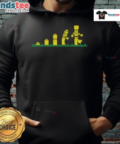 Humorous evolution graphic on a Lego hoodie, showcasing playful designs and vibrant colors in a trendy fashion statement.