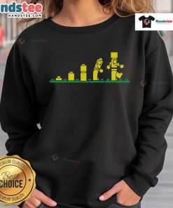Funny Evolution of Lego Sweatshirt featuring playful graphics showcasing Lego characters through the ages.