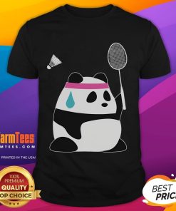 Alt Text: Funny exhausted panda holding a shuttlecock on a badminton-themed T-shirt, perfect for animal lovers and sports enthusiasts.