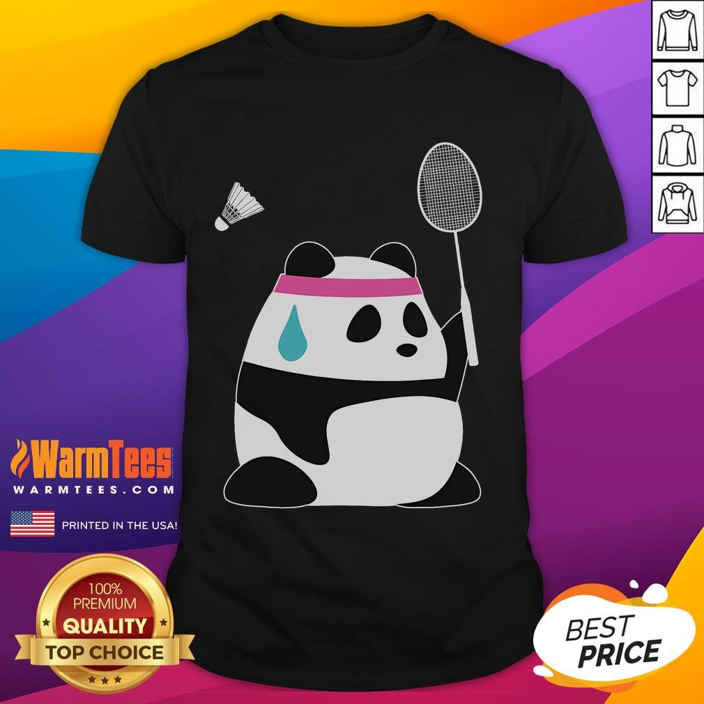Funny Exhausted Badminton Panda Shuttlecock T Shirt Alt Text: Funny exhausted panda holding a shuttlecock on a badminton-themed T-shirt, perfect for animal lovers and sports enthusiasts.