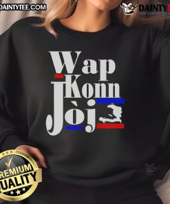 Funny Haitian Creole saying 'Wap Konn Joj' on a stylish sweatshirt, showcasing Haitian pride and culture.