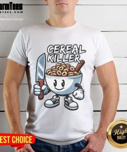 Funny hilarious cereal killer breakfast cereal cute T-shirt design featuring a playful graphic of a cereal box with a knife.