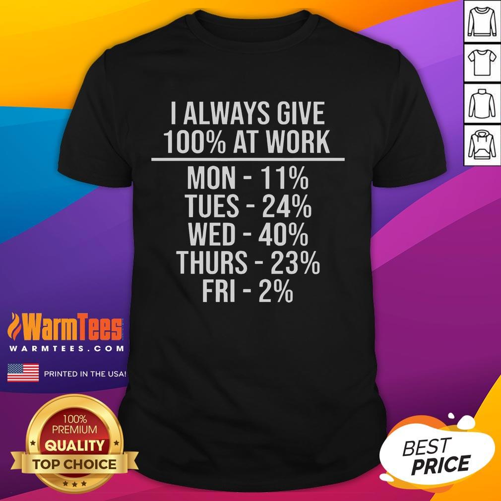 Funny I Always Give 100% At Work T Shirt Funny 'I Always Give 100% At Work' T-Shirt showcasing humor for dedicated employees in a casual style.