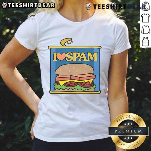Funny I Heart Love Spam Canned Cooked Pork Tee for food lovers, featuring a playful design perfect for ladies who enjoy humor.