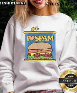 Alt Text: Funny I Heart Love Spam sweatshirt for food lovers featuring canned cooked pork design, perfect for casual wear.