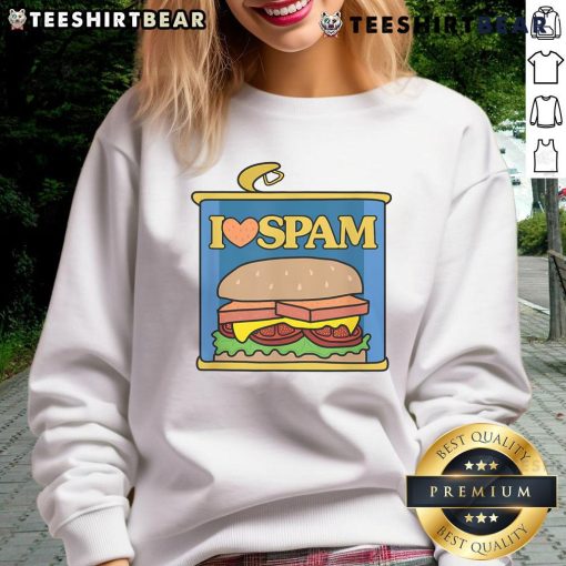 Alt Text: Funny I Heart Love Spam sweatshirt for food lovers featuring canned cooked pork design, perfect for casual wear.