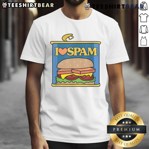 Alt Text: Funny I Heart Love Spam Canned Cooked Pork T-Shirt for food lovers, featuring a humorous design celebrating Spam.