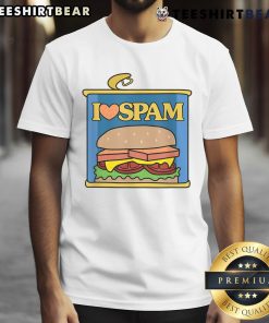 Alt Text: Funny I Heart Love Spam Canned Cooked Pork T-Shirt for food lovers, featuring a humorous design celebrating Spam.