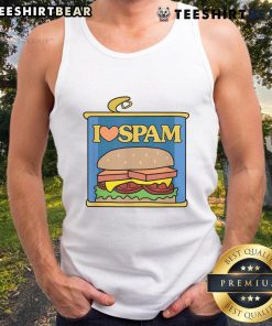 Alt Text: Funny I Heart Love Spam Canned Cooked Pork Food Lover Tank Top design featuring playful graphics and vibrant colors.