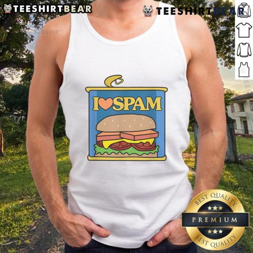 Alt Text: Funny I Heart Love Spam Canned Cooked Pork Food Lover Tank Top design featuring playful graphics and vibrant colors.