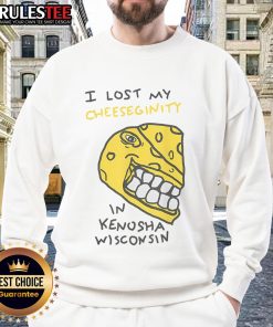 Alt Text: Funny 'I Lost My Cheeseginity in Kenosha Wisconsin' sweatshirt displayed on a hanger, perfect for humor lovers.