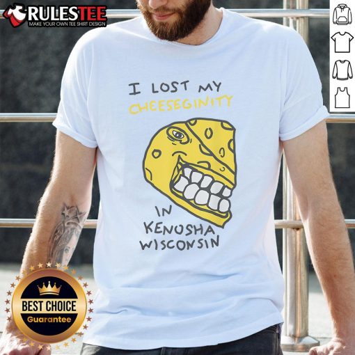 Alt Text: Funny I Lost My Cheeseginity T-Shirt design featuring Kenosha, Wisconsin, perfect for cheese lovers and humor fans.