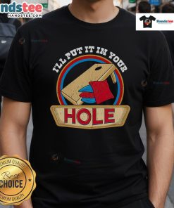 Funny 'I'll Put It In Your Hole' cornhole pun T-shirt design featuring playful text and graphics for cornhole lovers.