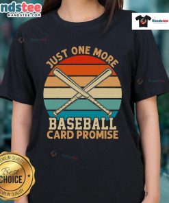 Funny ladies tee featuring retro sunset design and 'Just One More Baseball Card Promise' text for sports trading card fans.