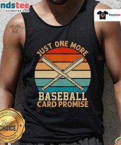 Funny retro sunset tank top featuring 'Just One More Baseball Card Promise' slogan, perfect for sports trading card fans.