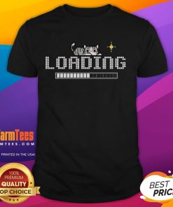 Funny loading screen gamer cat in retro 8-bit pixel art on a stylish t-shirt design for gaming enthusiasts.