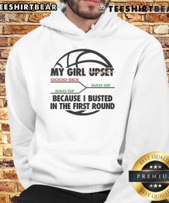 Funny girl upset in a basketball hoodie after losing in the first round, showcasing a playful sports moment.