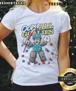 Funny Oops All Goalies Poly Ladies Tee featuring a humorous design perfect for hockey fans and casual wear.