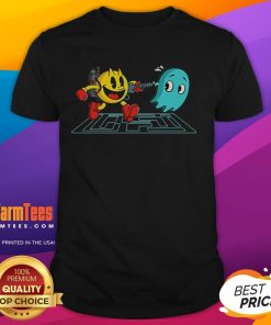 Funny Pac-Buster Pacman Ghost Buster T-Shirt featuring a playful design of Pacman and ghost characters in vibrant colors.