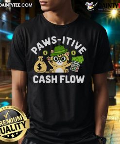 Funny Paws-Itive Cash Flow Cat Accountant T-Shirt featuring a playful cat and financial graphics for humorous finance lovers.