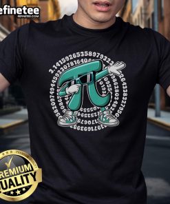 Alt Text: Funny Pi Symbol dabbing math teacher wearing Pi Day T-shirt, celebrating math humor and Pi Day spirit.