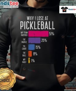 Funny Pickle Ball hoodie design illustrating humorous reasons for losing at pickleball, perfect for enthusiasts and players.