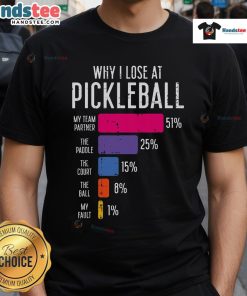 Funny Pickle Ball T-Shirt featuring 'Why I Lose At Pickleball' design, perfect for pickleball enthusiasts and humor lovers.