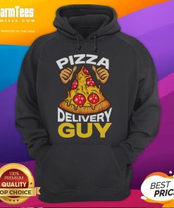 Funny pizza delivery guy in a hoodie smiling while holding a pizza box, showcasing humor in pizza delivery services.