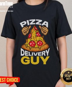 Funny pizza delivery guy wearing a quirky outfit, showcasing the 'Funny Pizza Delivery Guy Driver' tee with a cheerful smile.
