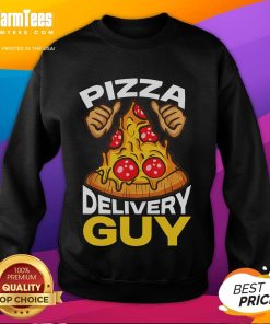 Funny pizza delivery guy wearing a sweatshirt, showcasing humor and style in pizza-themed apparel.